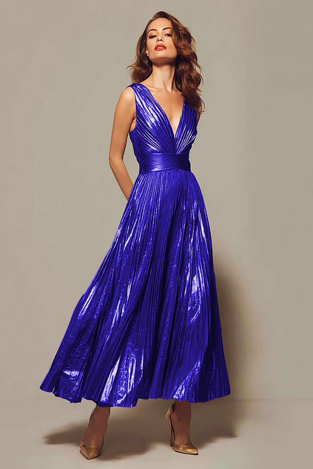 Pleated A-Line Gold Tea Length Formal Dress