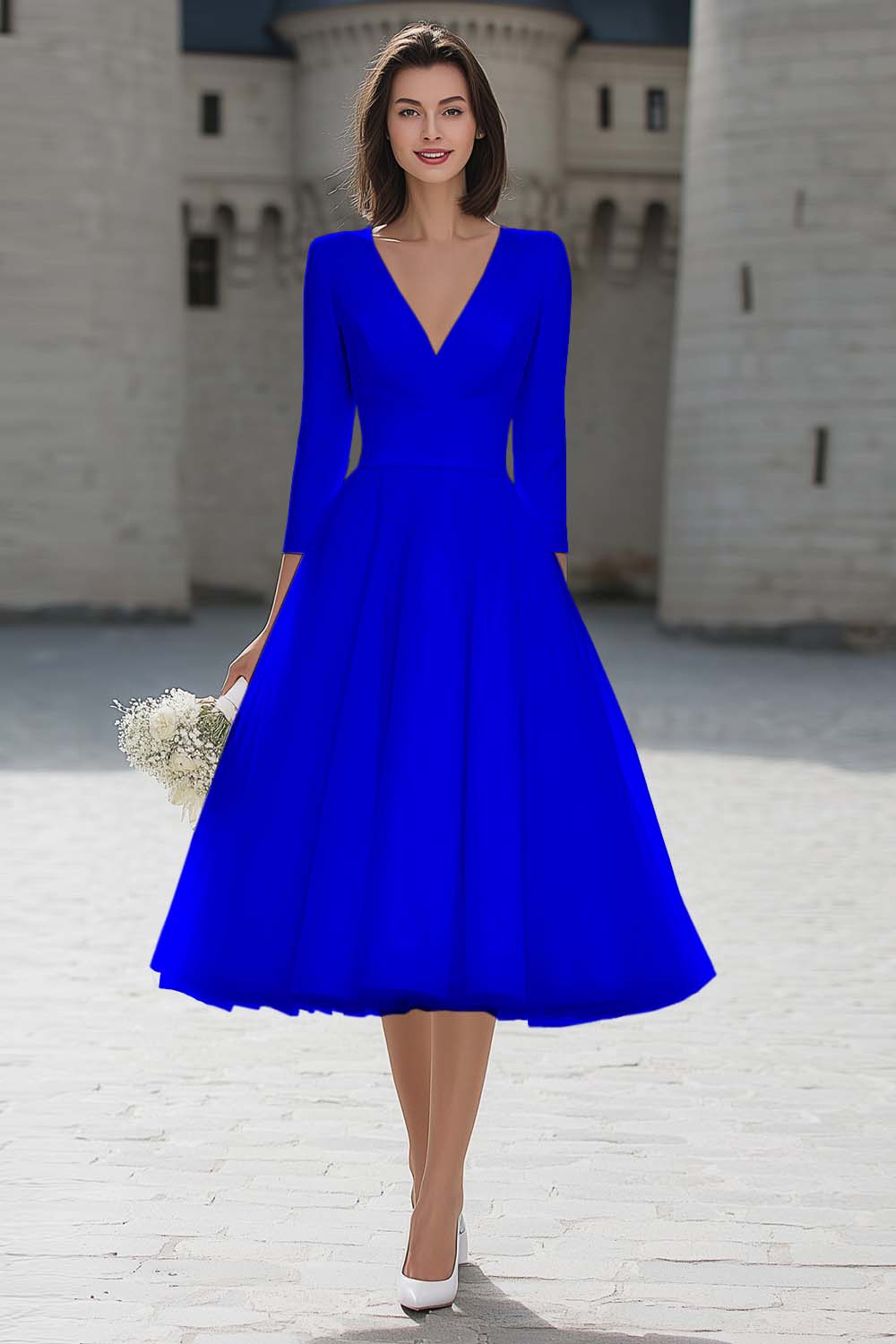 Ivory V-Neck A-Line Satin Engagement Dress With 3/4 Sleeves