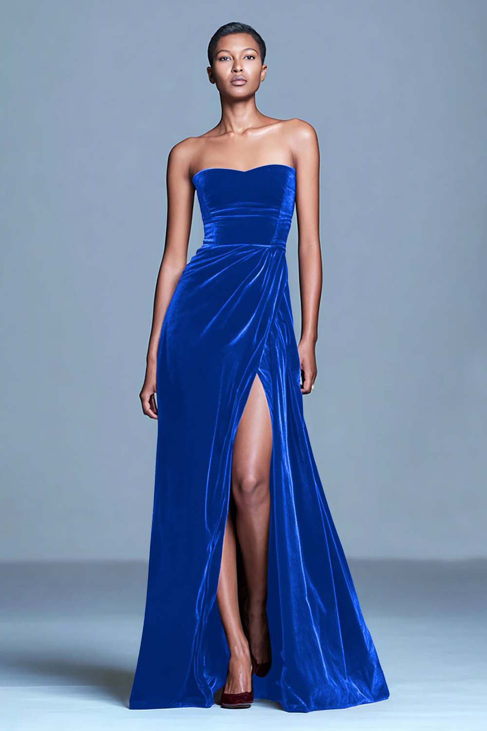 Burgundy Strapless Velvet A Line Formal Dress with Slit