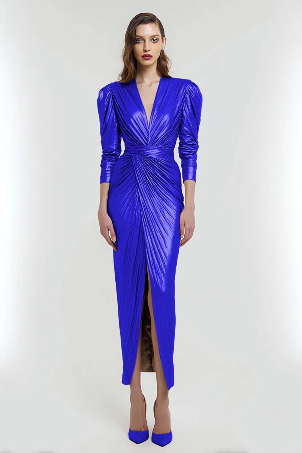 Sheath V-Neck Ruched Light Gold Formal Dress With Slit