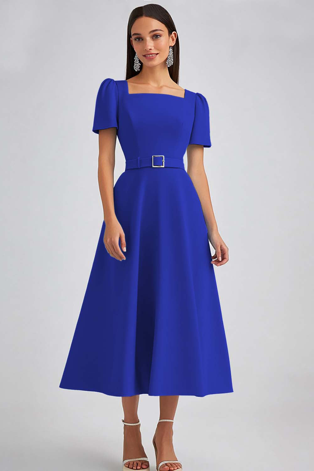 A Line Sky Blue Square Neck Midi Work Dress with Belt