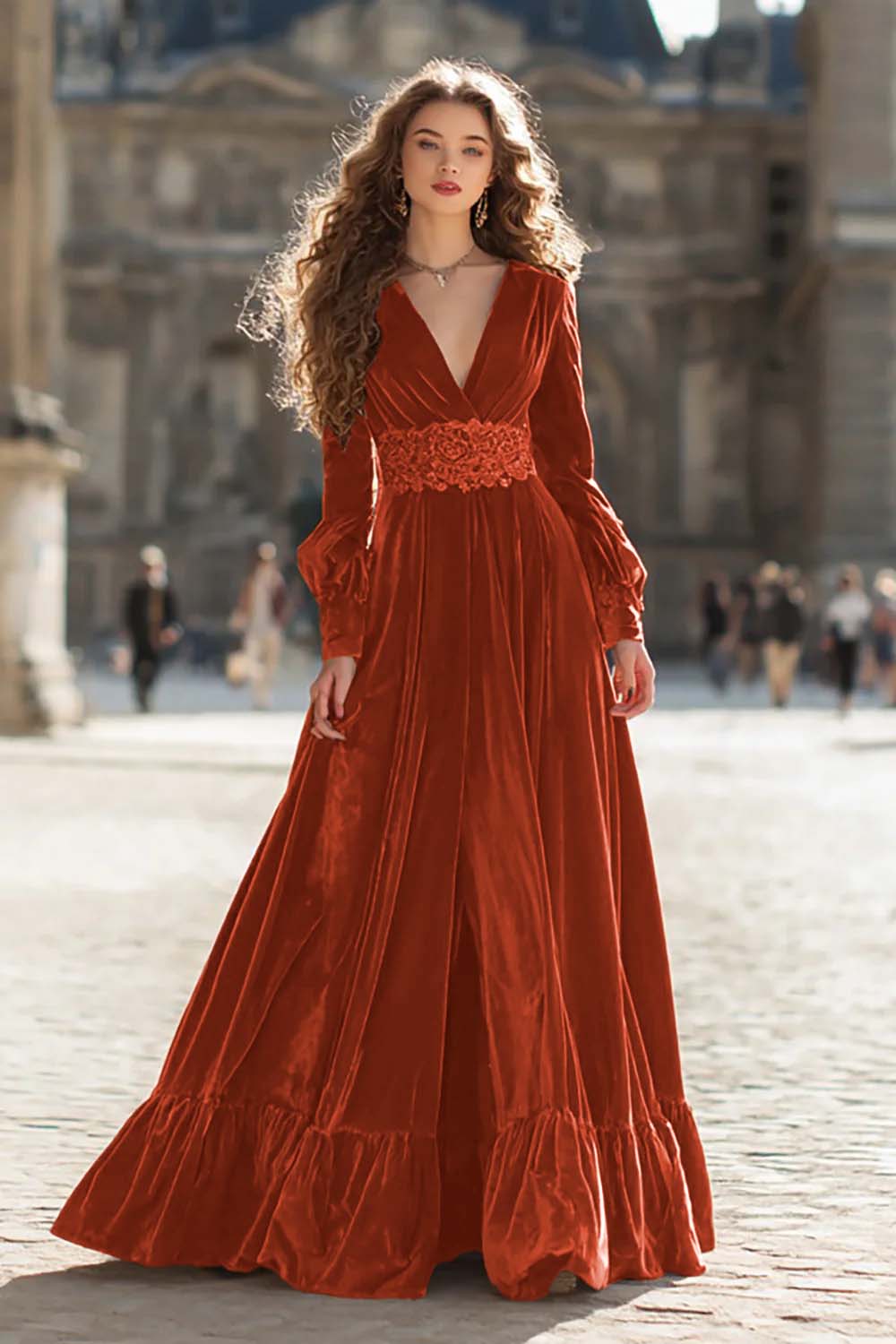 Velvet A-Line Brown V-Neck Maxi Formal Dress With Slit