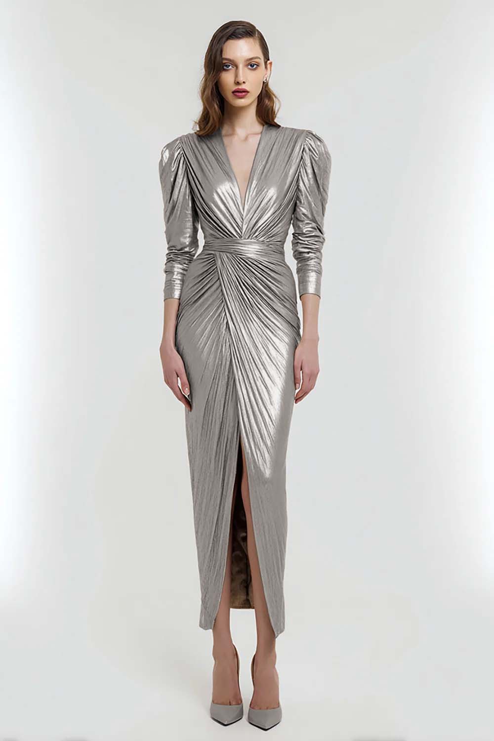 Sheath V-Neck Ruched Light Gold Formal Dress With Slit