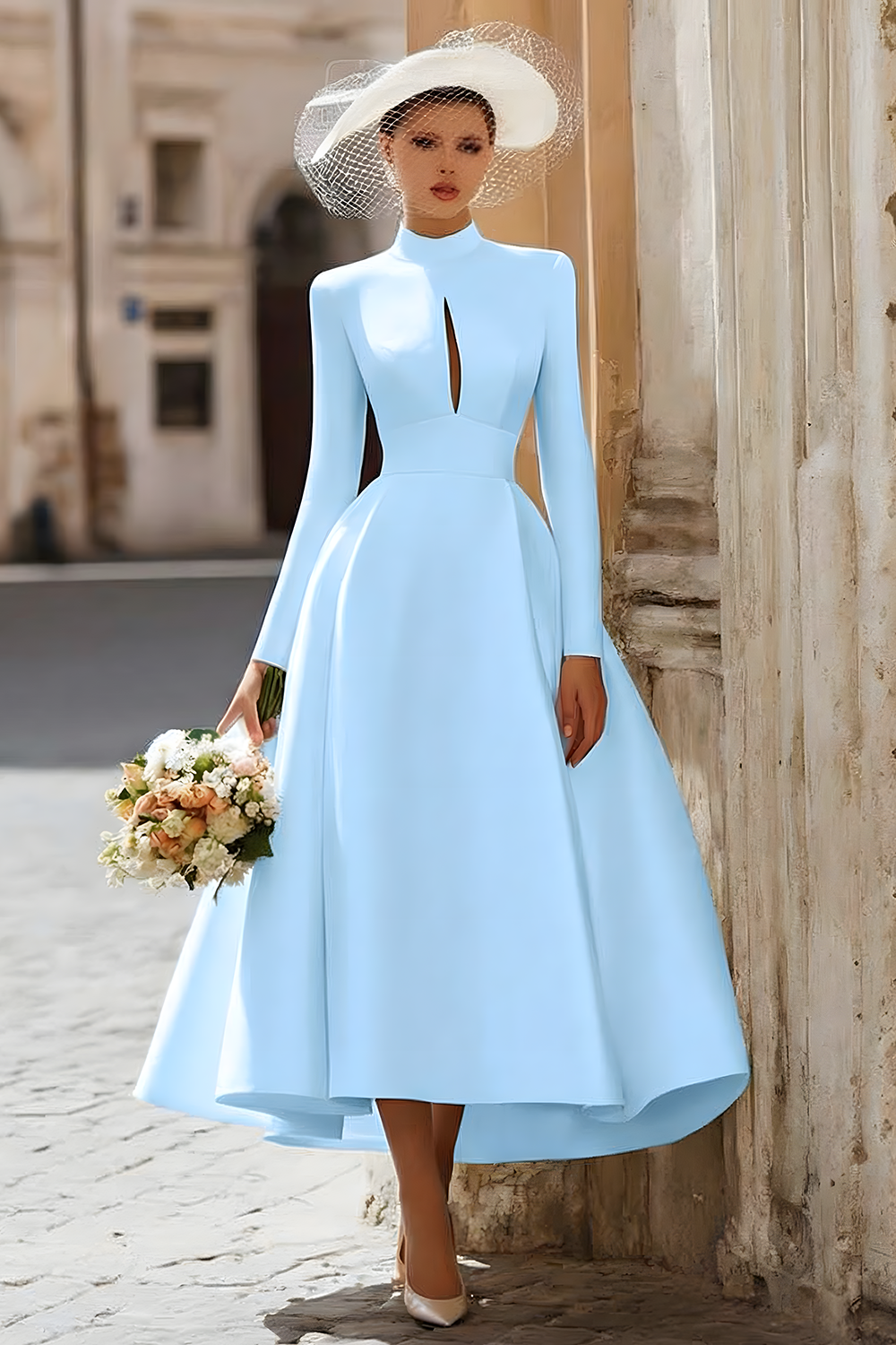 Satin A-Line Ivory Cut Out Midi Wedding Dress