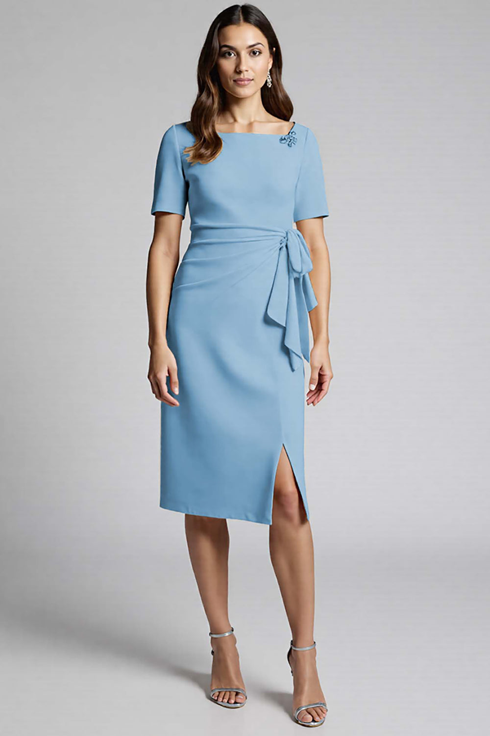 Ruffled Champagne Sheath Midi Dress with Slit
