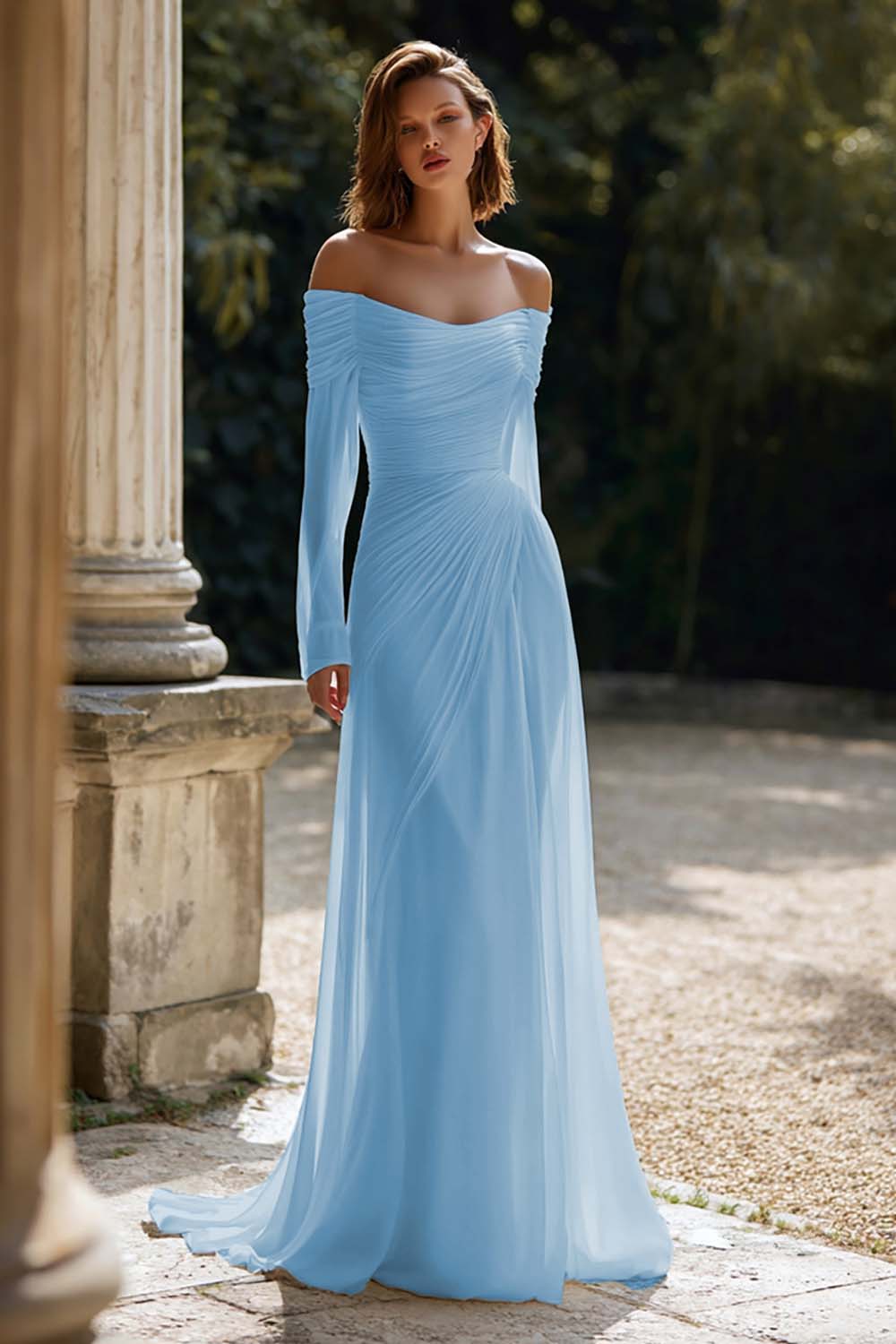 Ivory Ruched Long Sleeve Off The Shoulder Engagement Dress