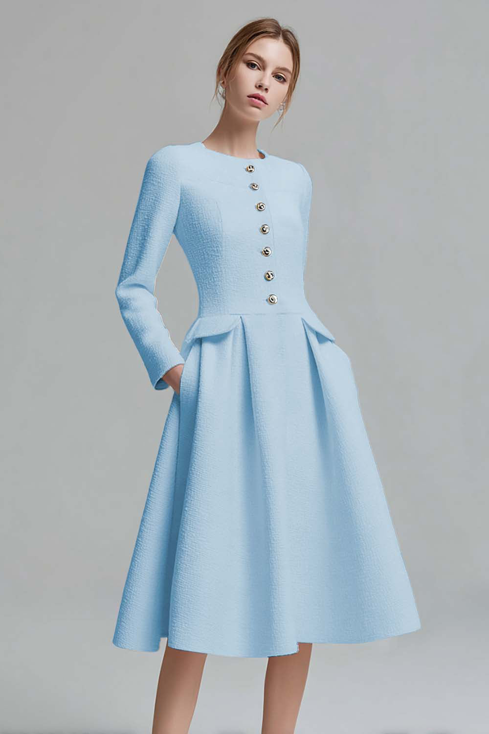 Ivory A-Line Round Neck Tweed Long Sleeve Work Dress