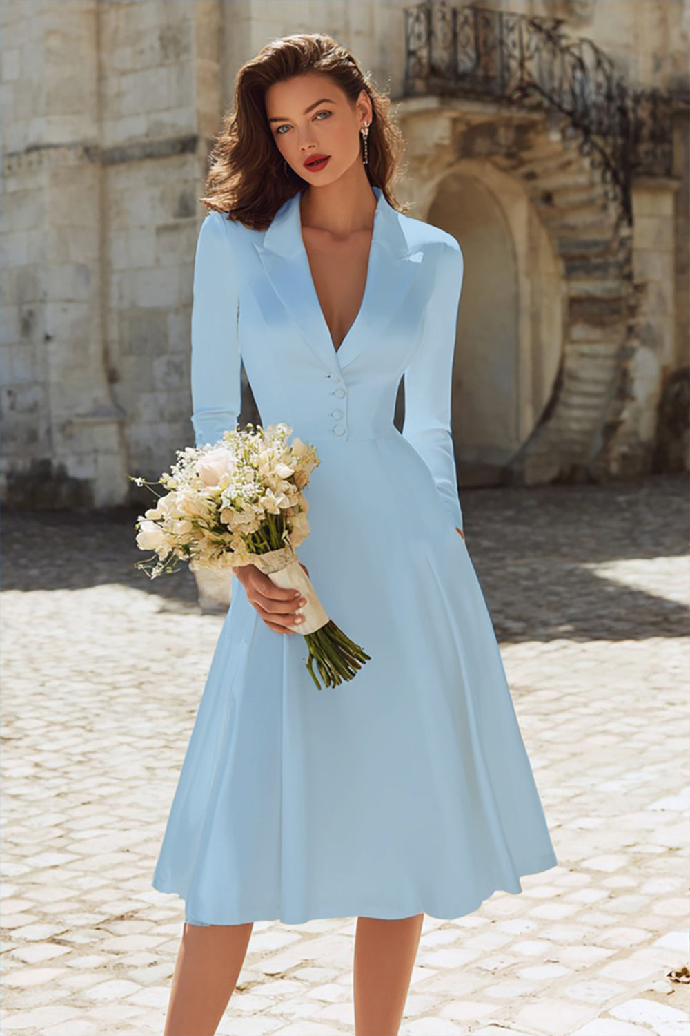 Ivory A-Line Satin V-Neck Engagement Dress