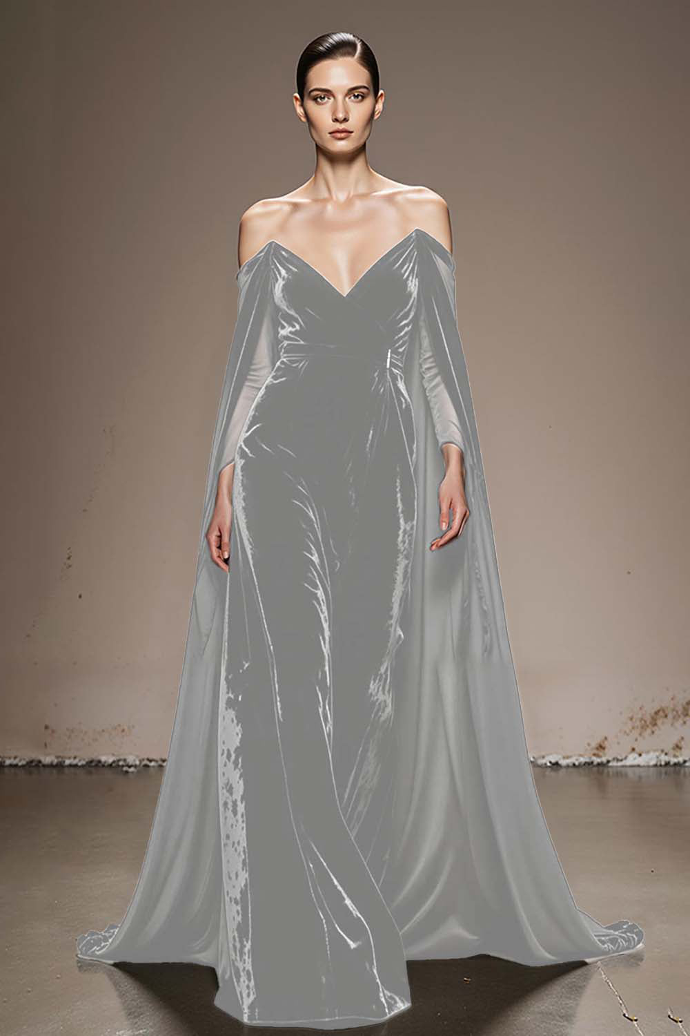 Black Off The Shoulder Velvet Evening Dress with Cloak