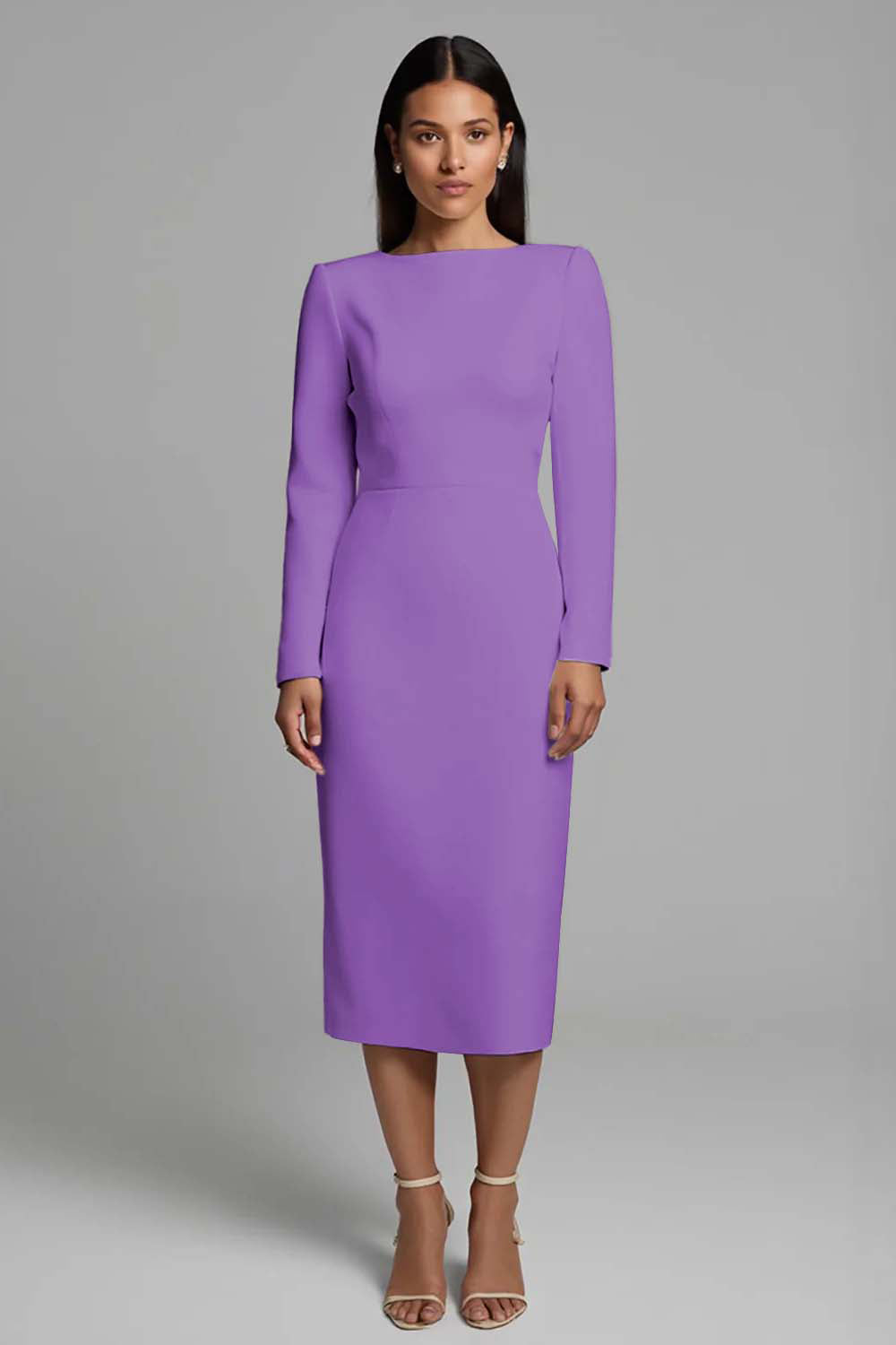 Ivory Sheath Long Sleeve Midi Work Dress with Slit