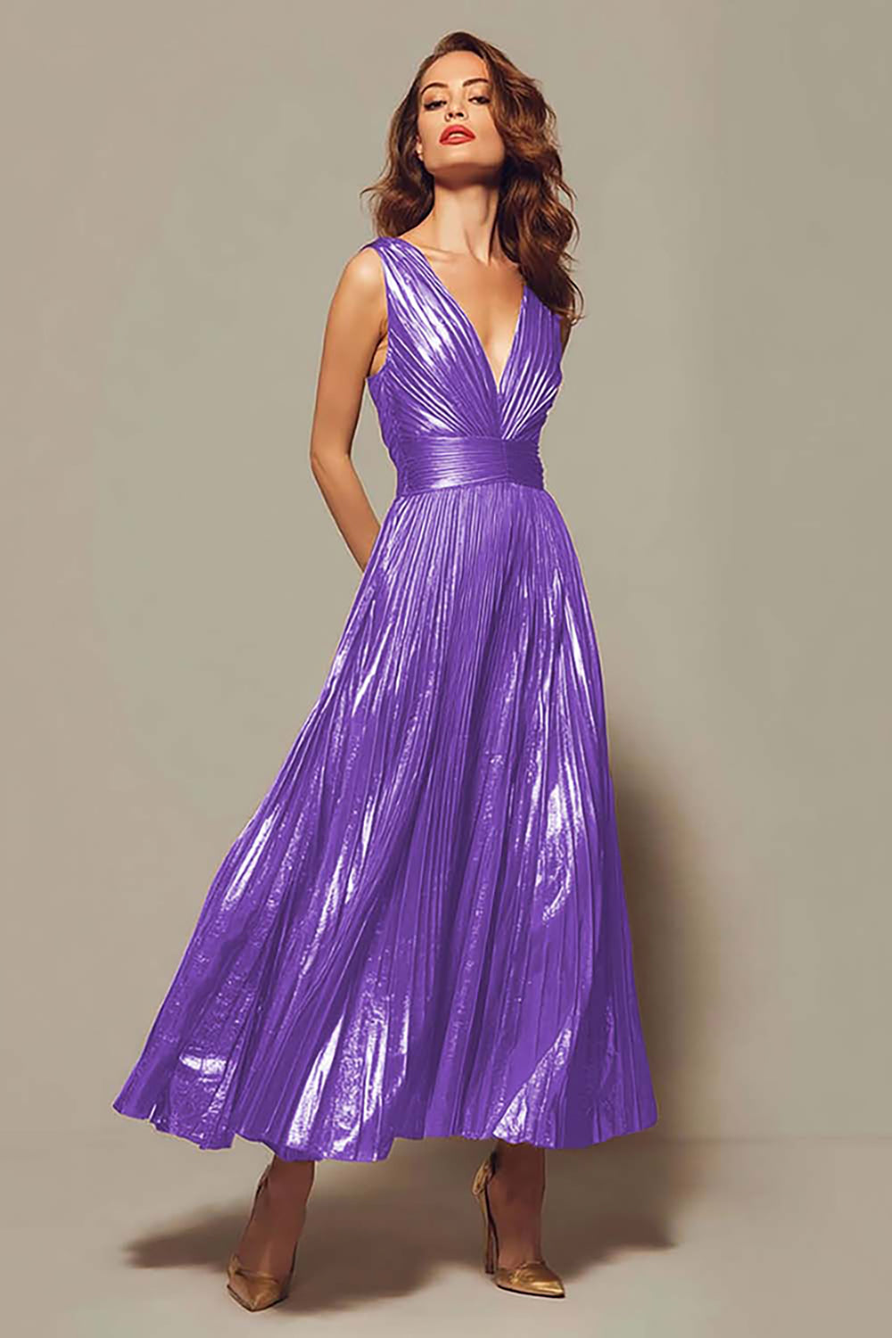 Pleated A-Line Gold Tea Length Formal Dress