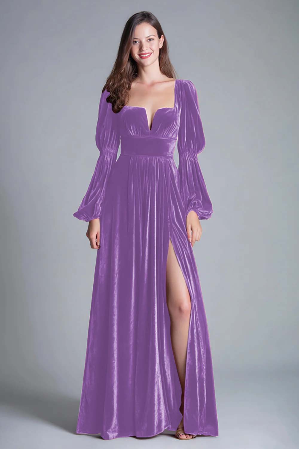 Burgundy A-Line Long Sleeve Velvet Holiday Party Dress With Slit