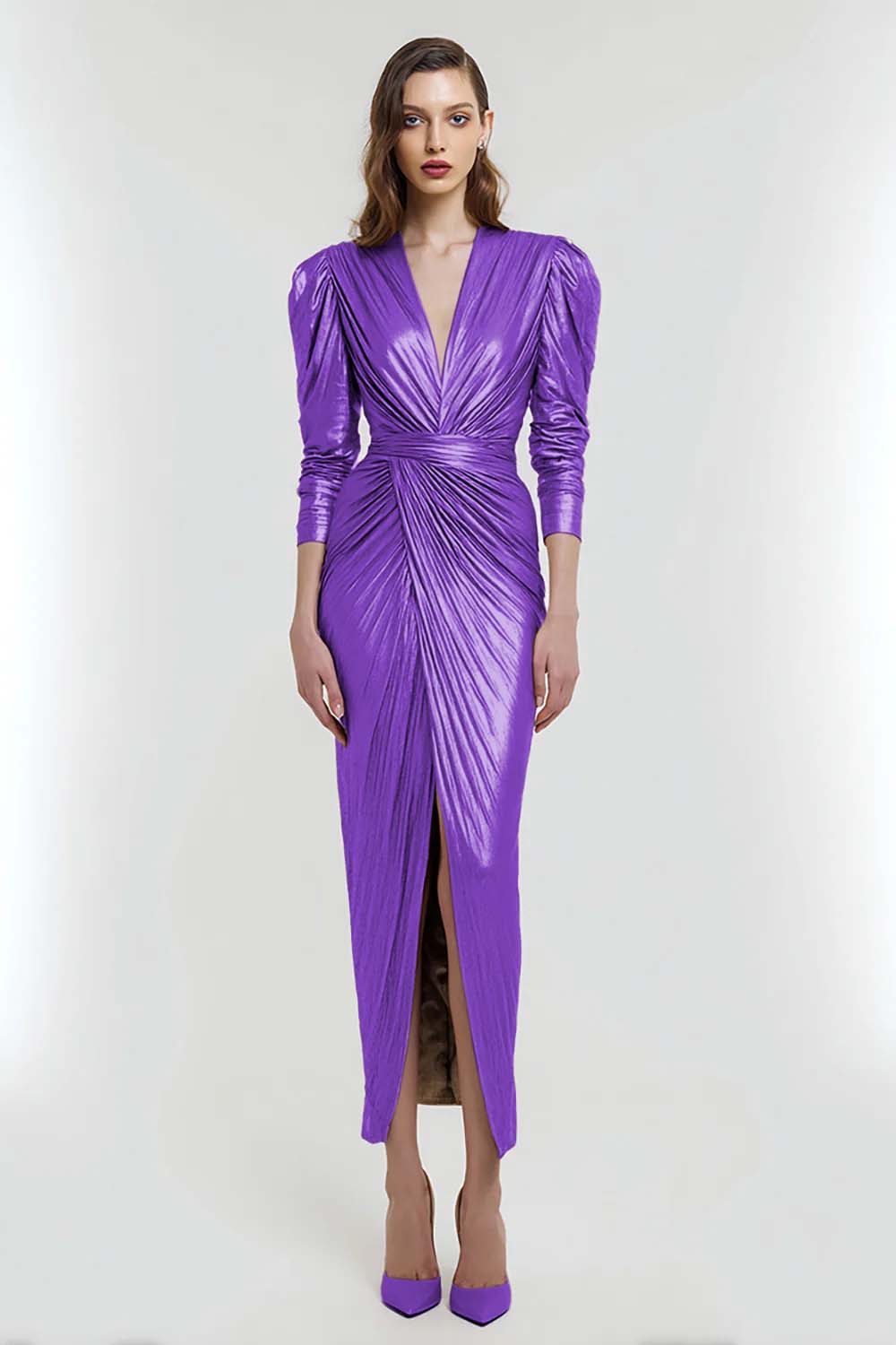 Sheath V-Neck Ruched Light Gold Formal Dress With Slit