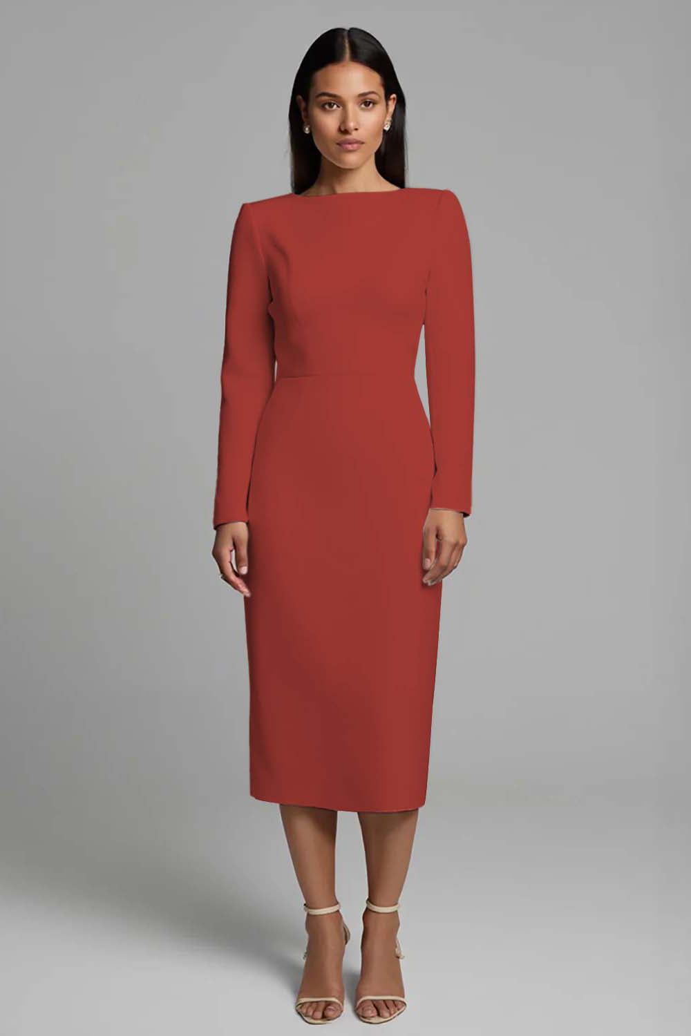 Ivory Sheath Long Sleeve Midi Work Dress with Slit