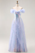 Light Blue Off The Shoulder Ruffled A-Line Prom Dress With Sequins