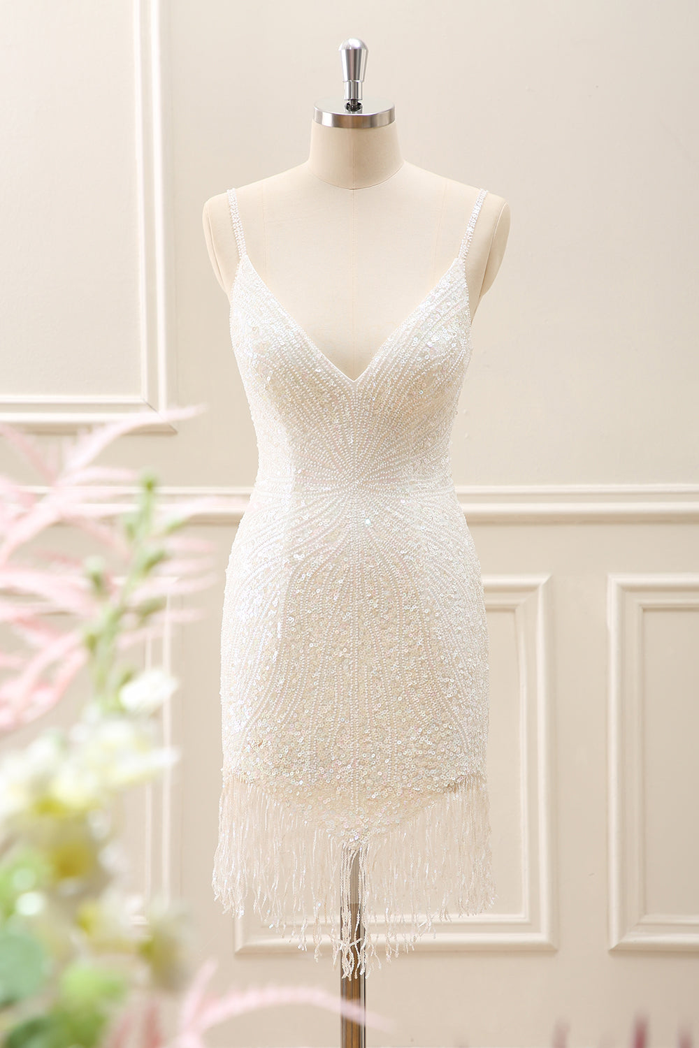 White Sparkly Tight Homecoming Dress With Tassels