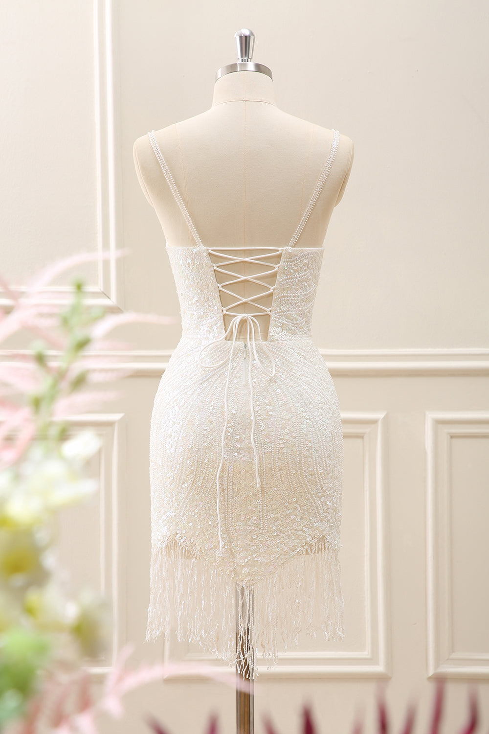 White Sparkly Tight Homecoming Dress With Tassels