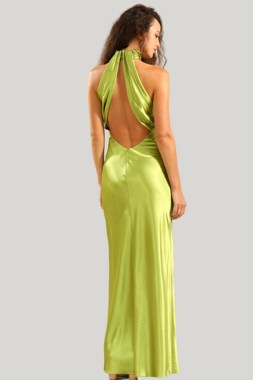 Sheath Halter Open Back Lemon Green Plus Size Maxi Dress