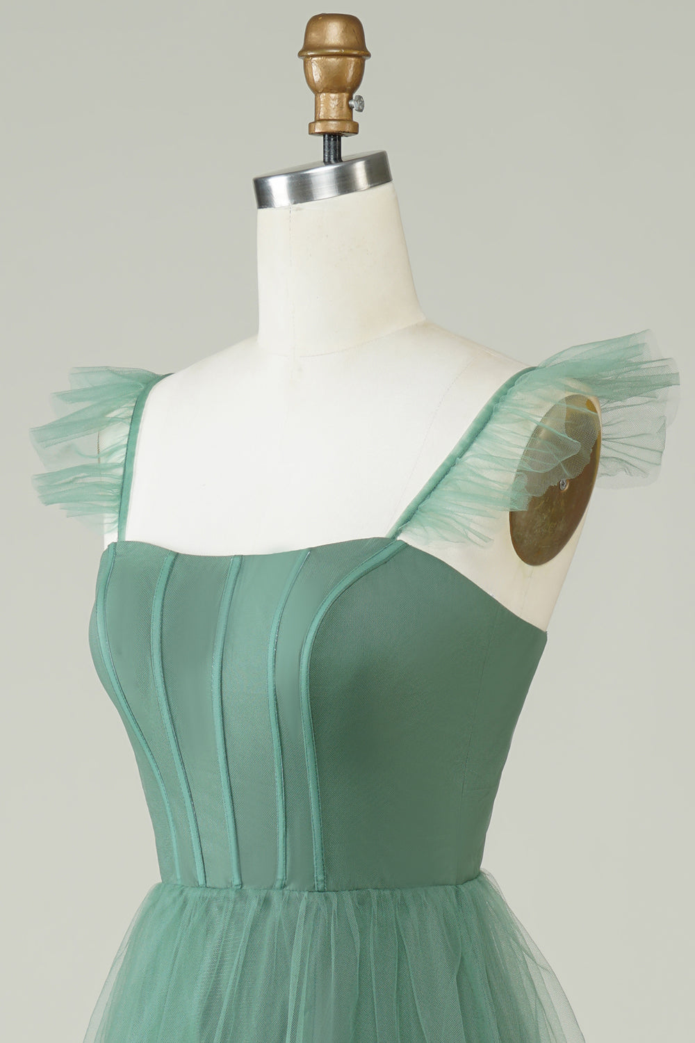 Dusty Blue A Line Tiered Tulle Corset Maxi Dress with Slit