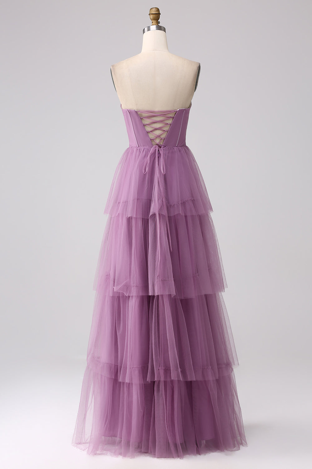 Dusty Blue A Line Tiered Tulle Corset Maxi Dress with Slit