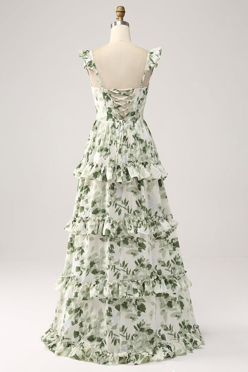 Green A Line Floral Ruffles Tiered Maxi Dress with Slit