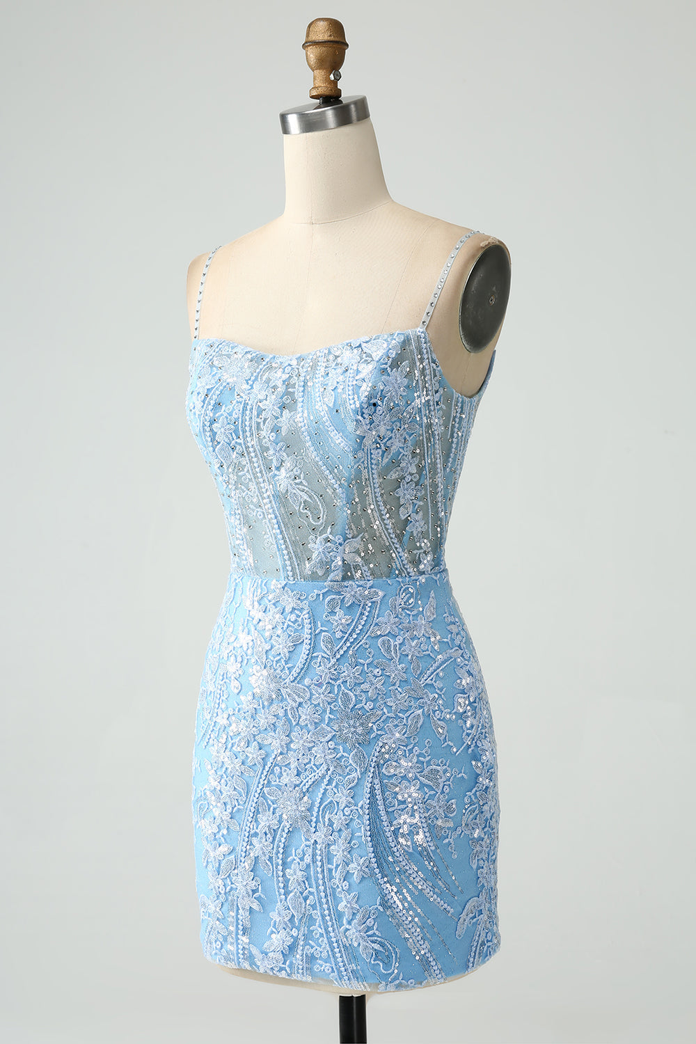 Sparkly Sky Blue Spaghetti Straps Beaded Mini Dress