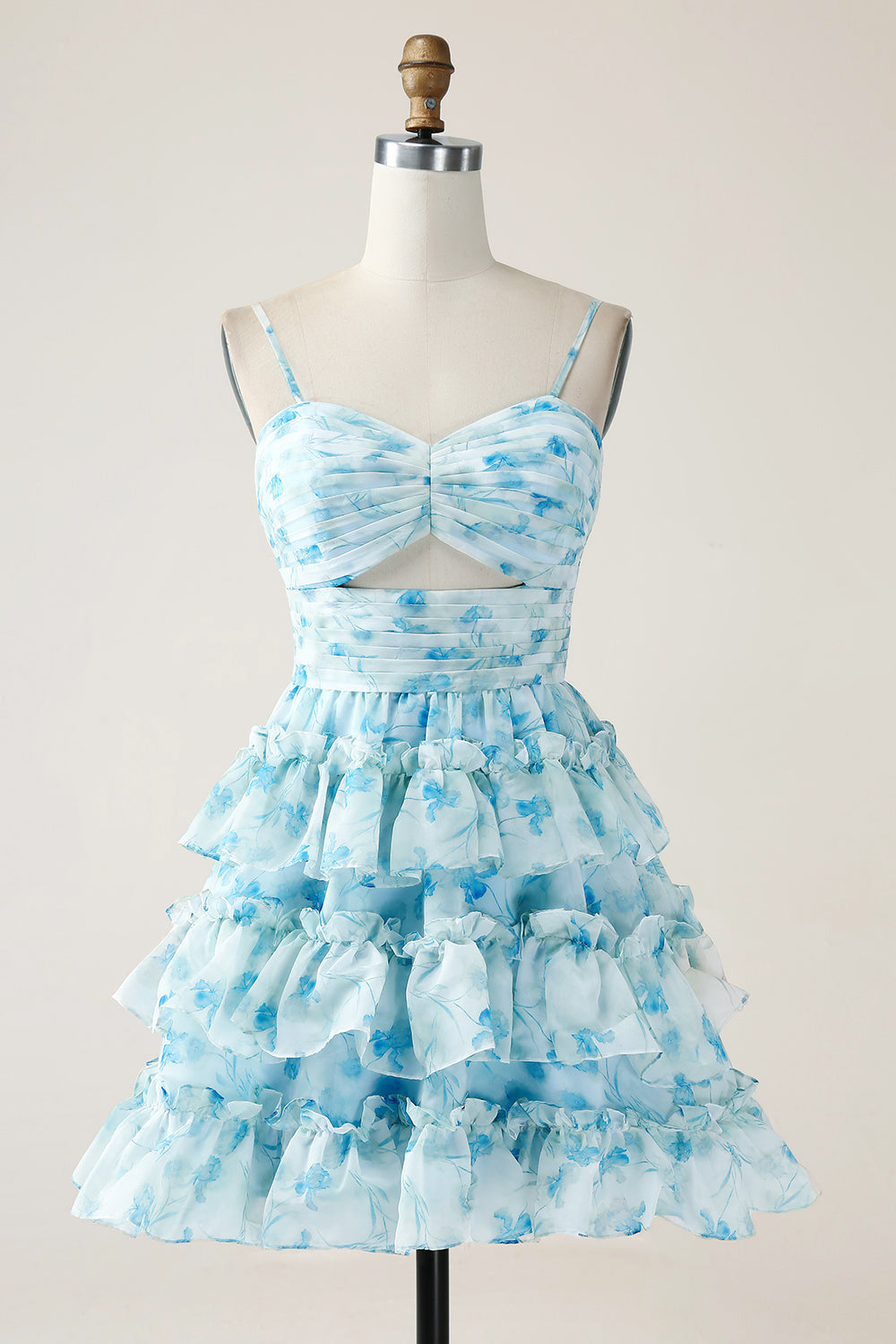 Blue Flower A-Line Cut-Out Homecoming Dress With Ruffles
