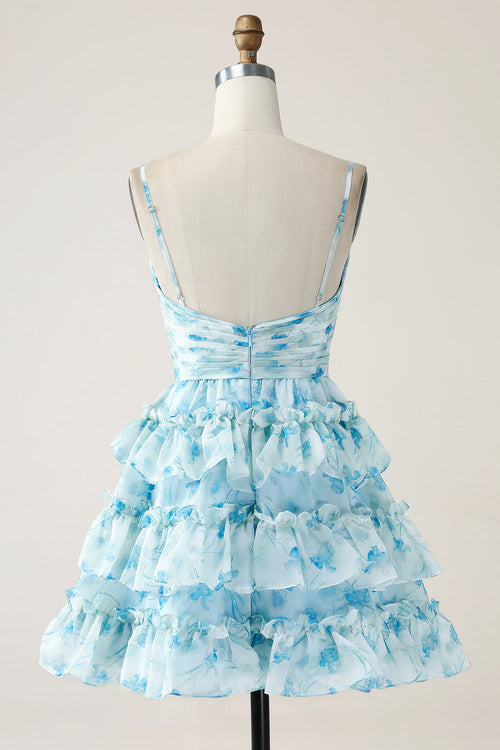 A-Line Spaghetti Straps Tiered Blue Floral Mini Dress