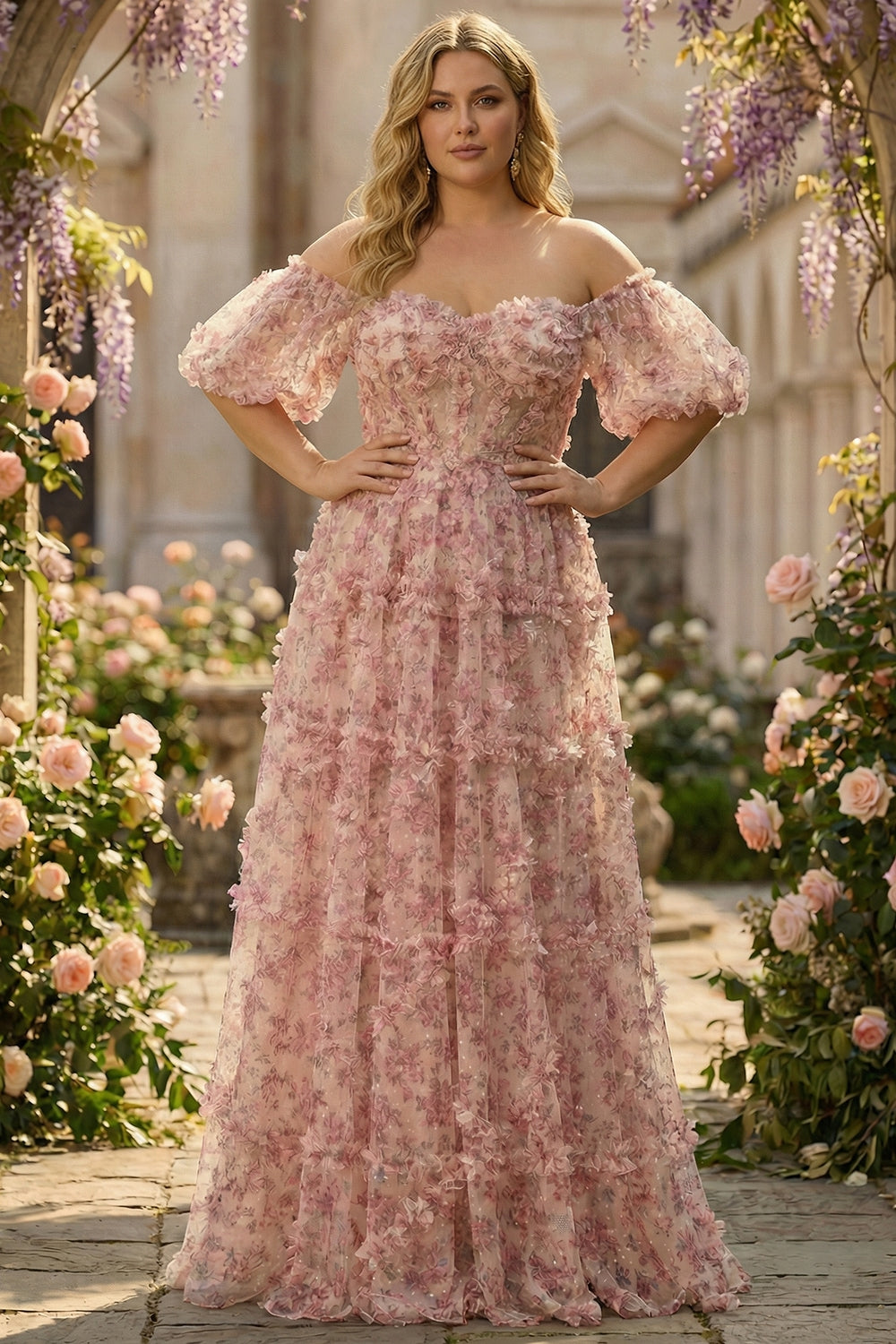 Off the Shoulder Plus Size A Line Ivory Red Floral Prom Dress