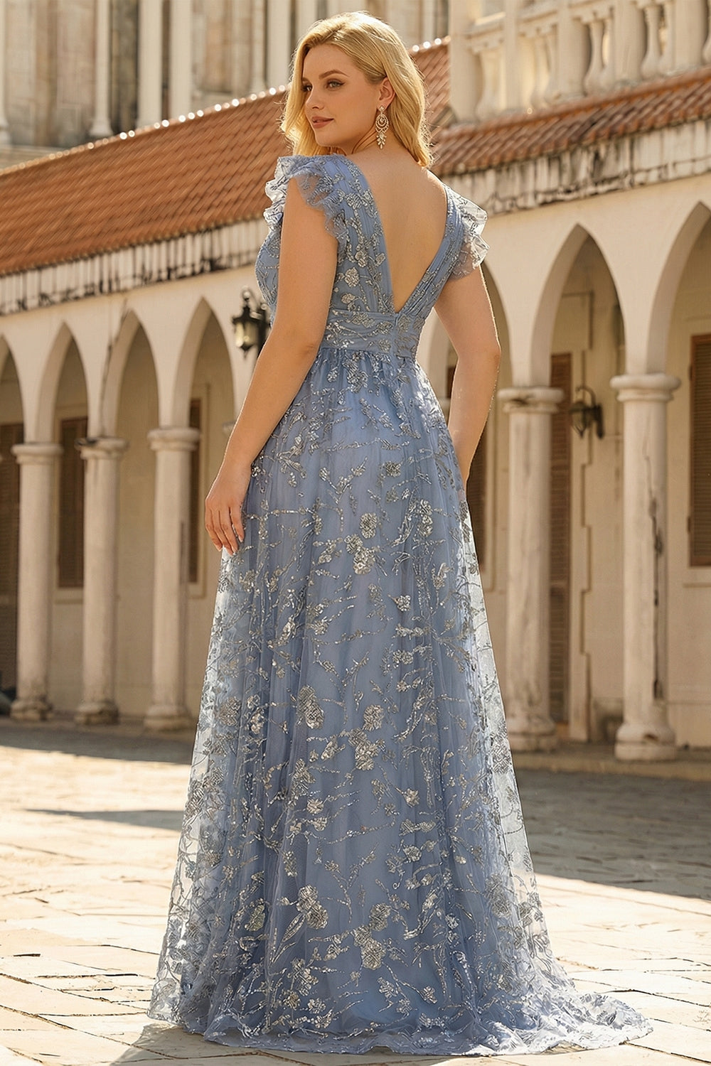 Grey Blue Plus Size A Line V Neck Sequin Prom Dress