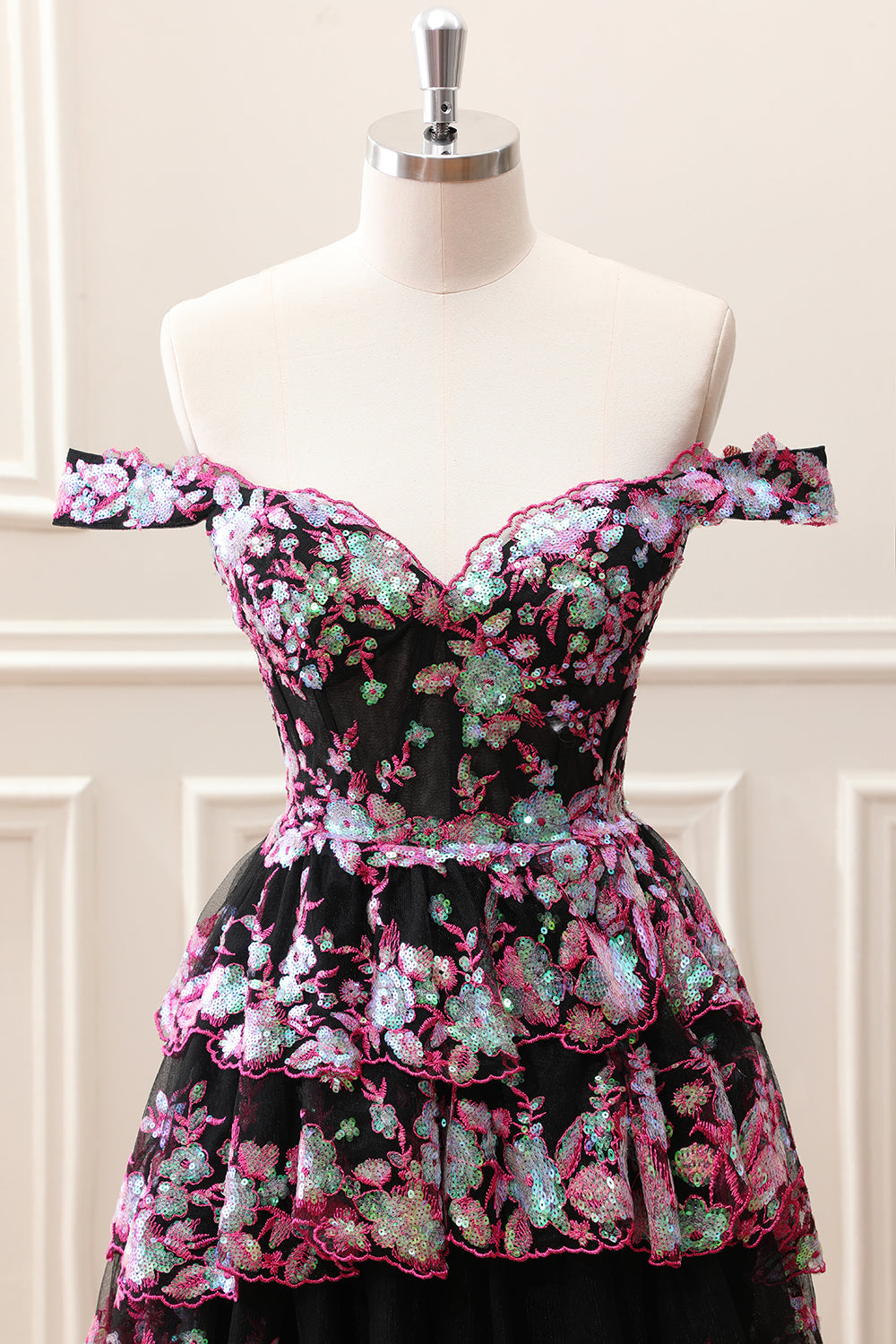 Black Pink A Line Sequined Corset Tiered Off the Shoulder Mini Dress