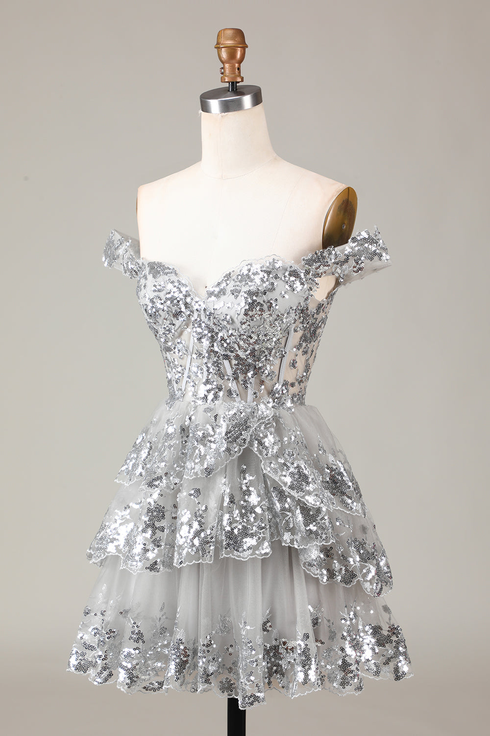 Black Pink A Line Sequined Corset Tiered Off the Shoulder Mini Dress