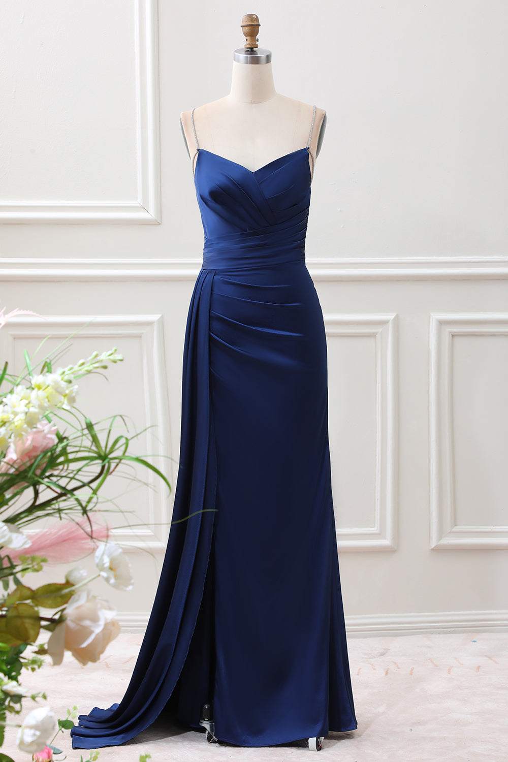 Navy Mermaid Ruched Satin Maxi Formal Dress With Slit