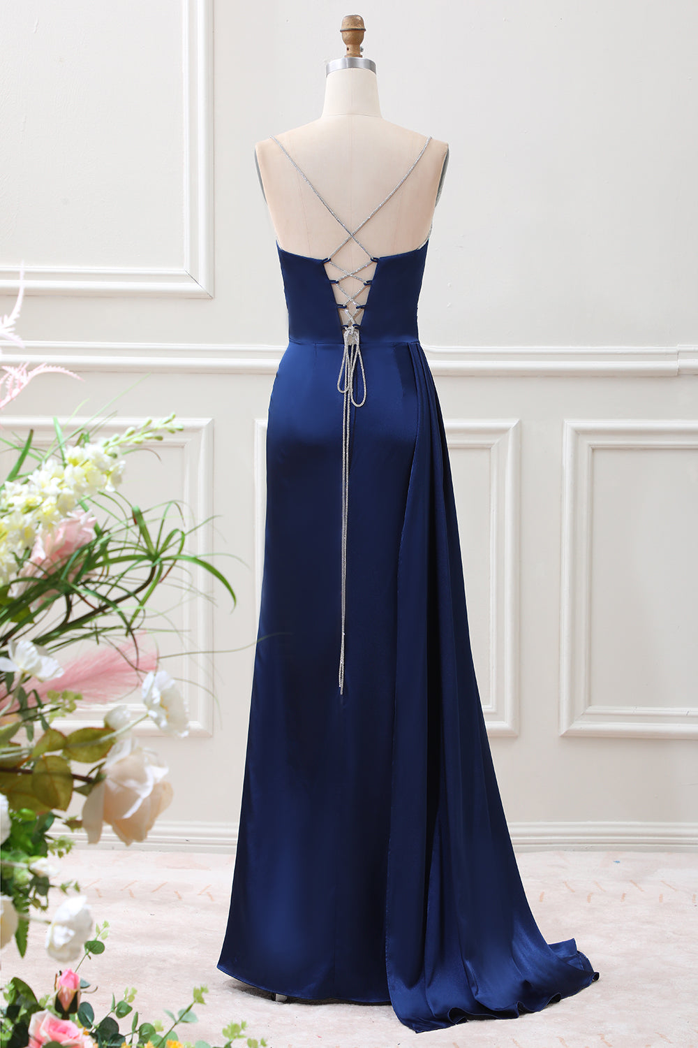 Navy Mermaid Ruched Satin Maxi Formal Dress With Slit