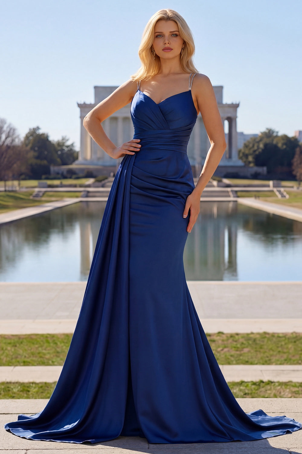 Navy Mermaid Spaghetti Straps Pleated Corset Maxi Dress with Slit