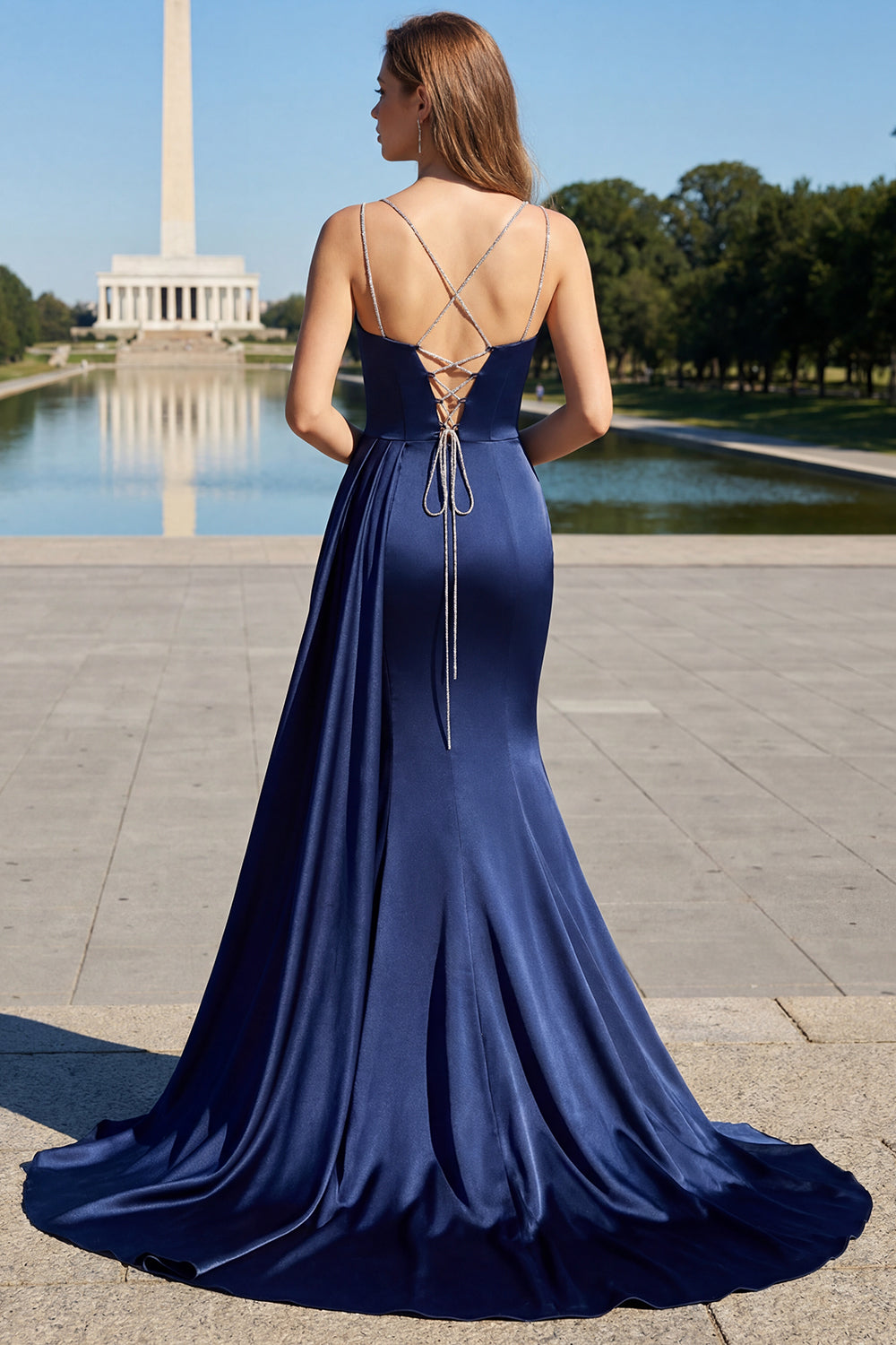 Navy Mermaid Ruched Satin Maxi Formal Dress With Slit