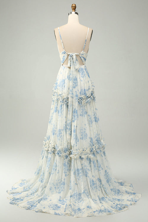 White Blue Flower A Line Long Tulle Maxi Dress with Ruffles