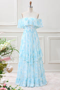 White Blue Floral Off The Shoulder Boho Maxi Dress with Ruffles