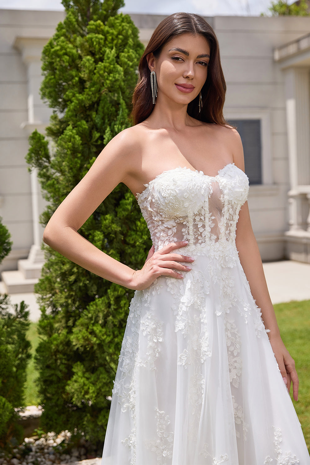 White A Line Corset Detachable Straps Long Wedding Dress with Appliques Lace