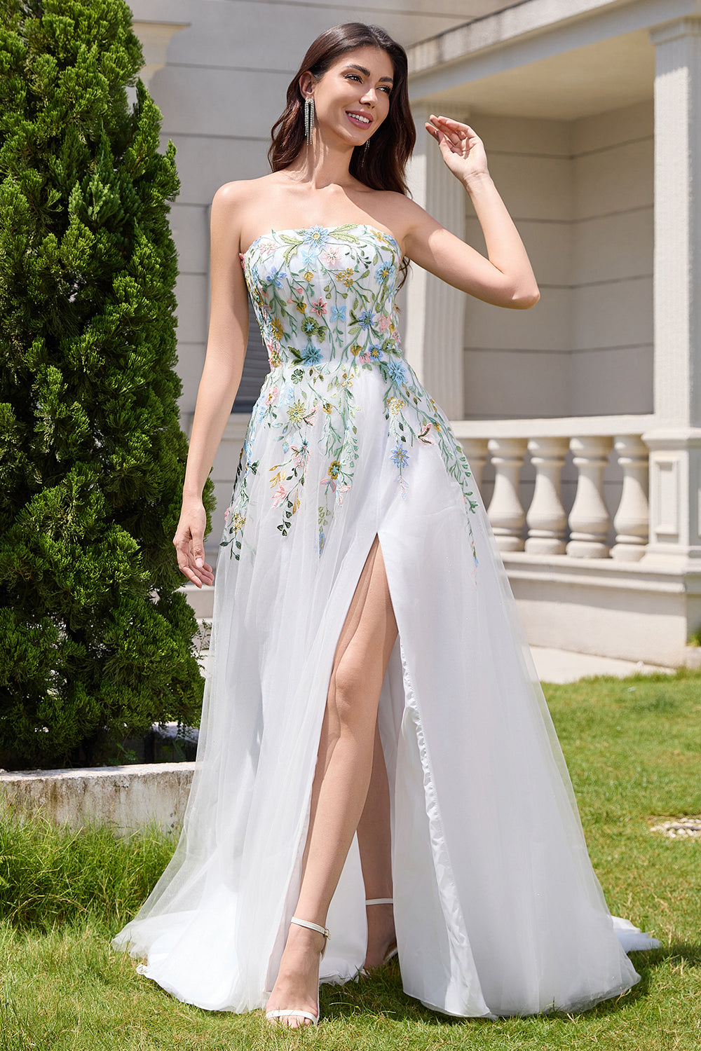 White A Line Strapless Floral Embroidery Corset Tulle Long Wedding Dress with Slit