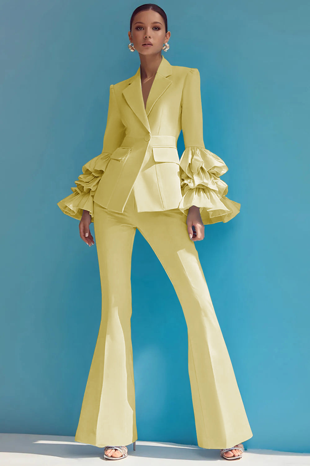 Blue 2-Piece Notched Lapel Women Suits With Ruffles