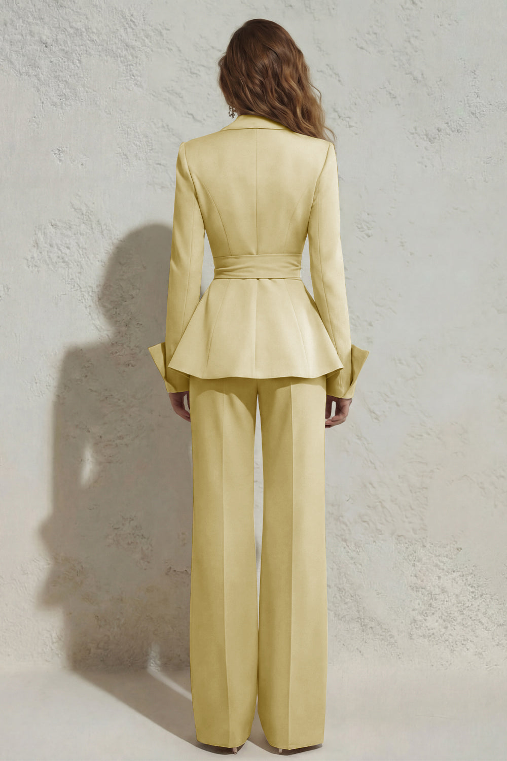 Peaked Lapel 2 Piece Ivory Ruffled Women Suits with Sash