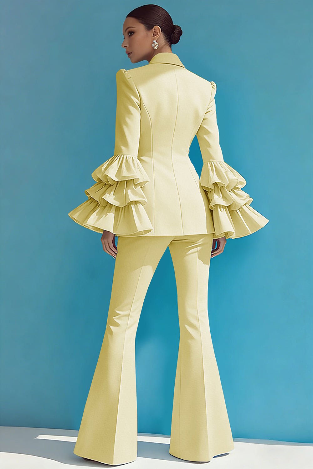 Blue 2-Piece Notched Lapel Women Suits With Ruffles