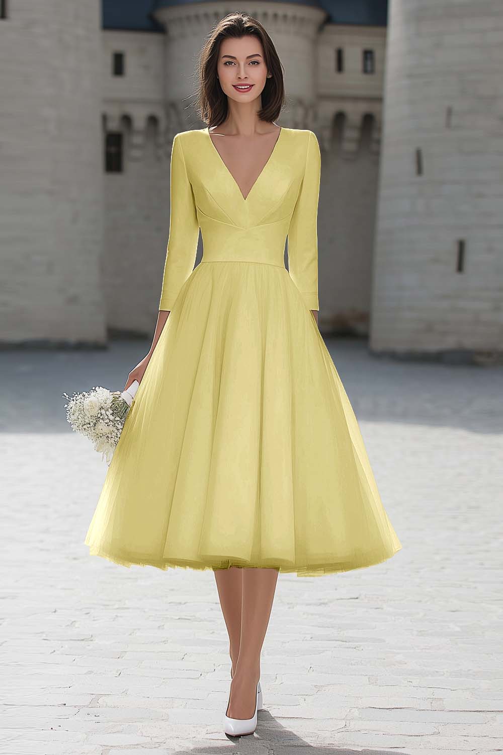 Ivory V-Neck A-Line Satin Engagement Dress With 3/4 Sleeves