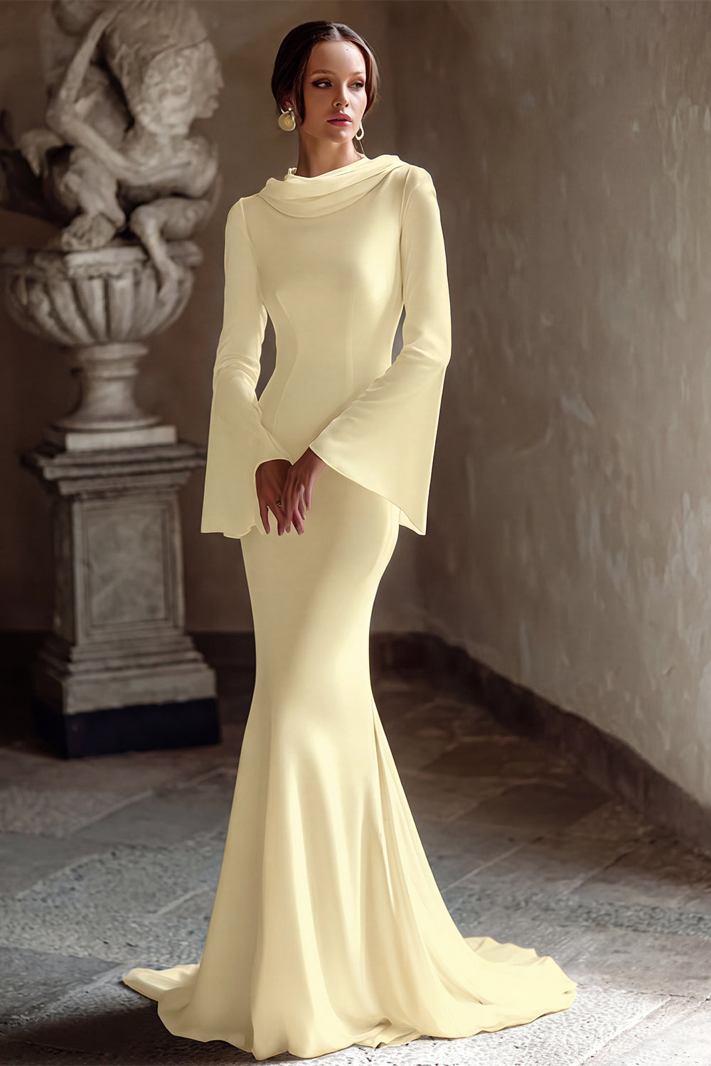Mermaid Ivory Cowl Neck Bridal Shower Dress With Flare Sleeves