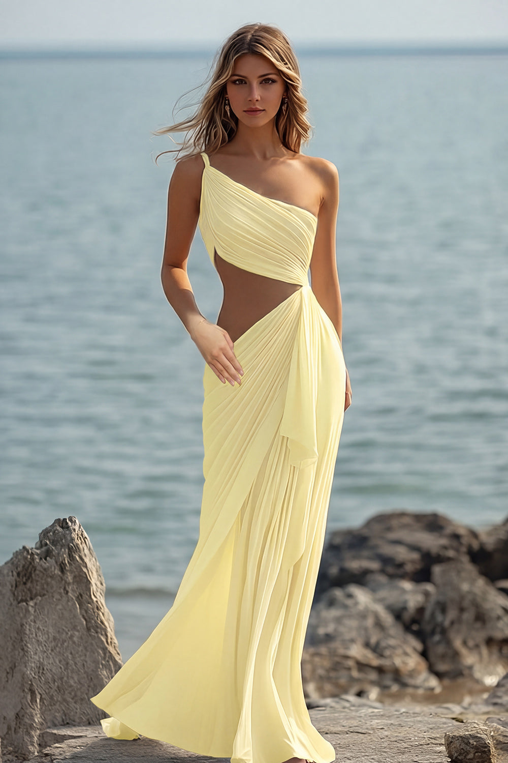 One Shoulder Cut Out Chiffon White Engagement Dress