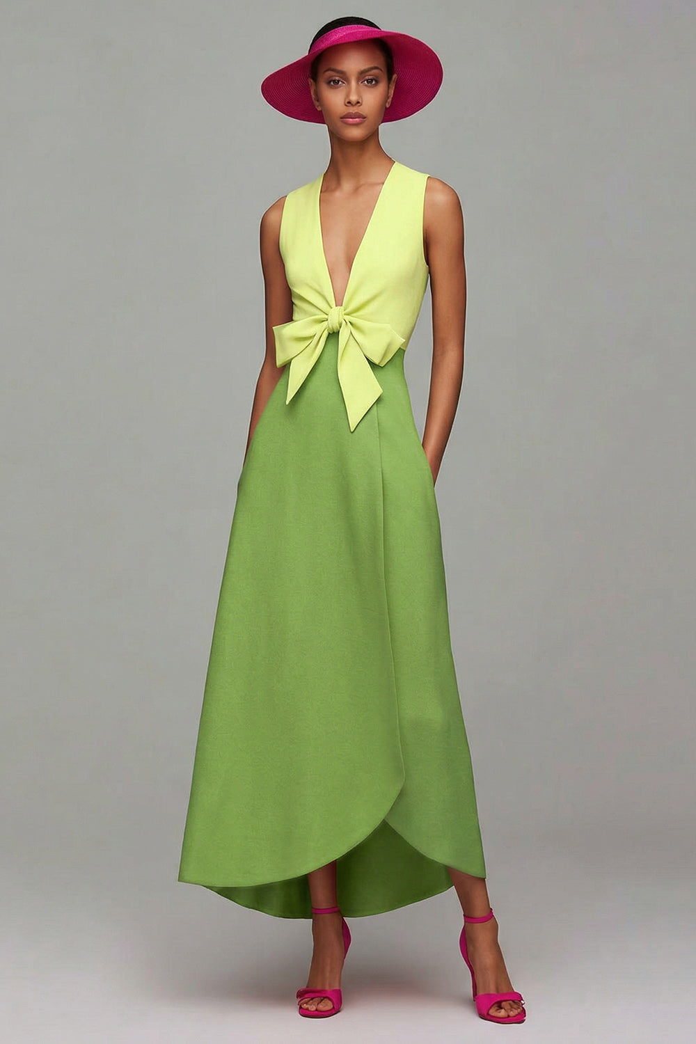 Orange and Fuchsia V-Neck A-Line Formal Dress With Bow