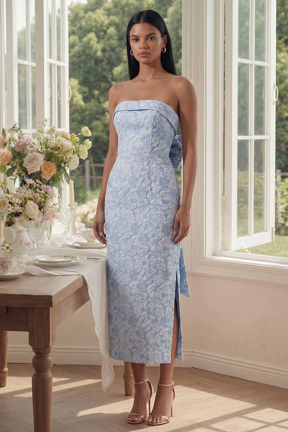 Blue Strapless Floral Wedding Guest Dress with Bow