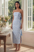 Blue Strapless Floral Wedding Guest Dress with Bow