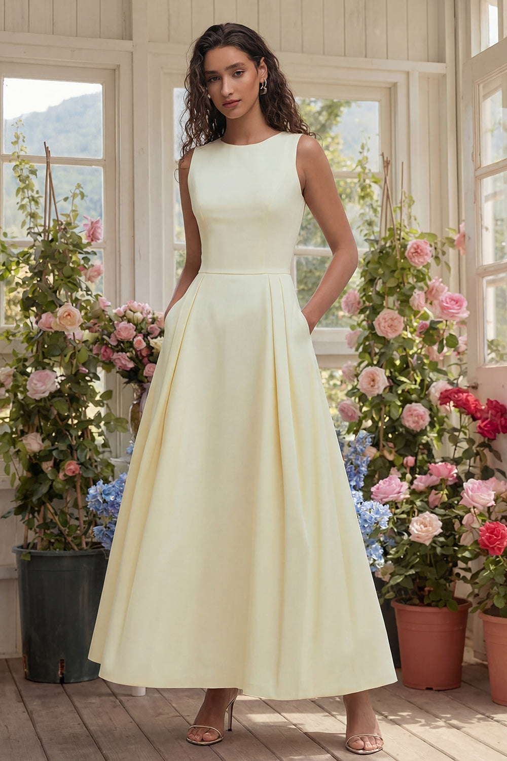 Light Yellow A-Line Boat Neck Wedding Guest Dress With Pockets